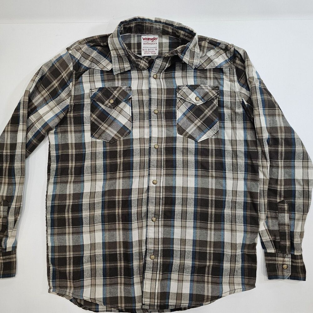 Wrangler Flannel Men’s Medium Pearl Snap Plaid Western Shirt Brown Blue